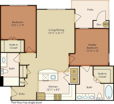 Floor plan for 2 beds, 2 baths, 1053 sqft